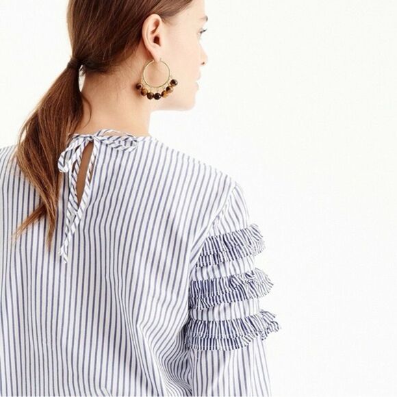 J. Crew Tiered Ruffle Stripe Blouse Blue White 2 Cotton - Picture 6 of 10